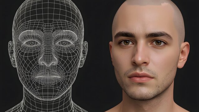 Realistic 3d human head model wireframe and render comparison