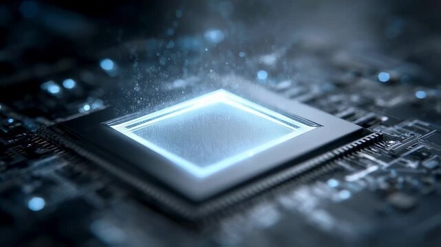 Quantum computing processor emitting glowing particles, symbolizing data processing, innovation, and technological advancement in a futuristic and dynamic representation