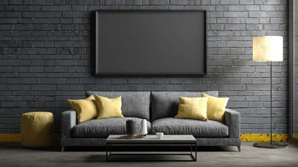 Gray couch beneath blank frame on brick wall in industrial-style room