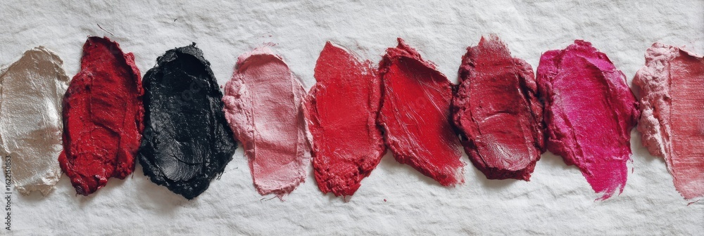 Poster lipstick smear forms an artistic pattern on textured paper surface, showcasing vibrant colors and un