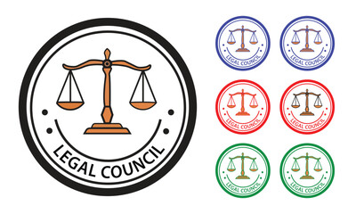 A legal council logo set with scales of justice in various color options, suitable for law firms and legal services branding
