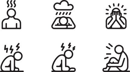 Mental Health Icon Set Depicting Stress, Anxiety, Depression, and Emotional Turmoil