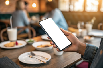 Person holding a smartphone at a restaurant table with food