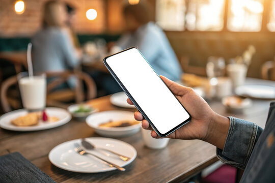 Person holding a smartphone at a restaurant table with food - Powered by Adobe