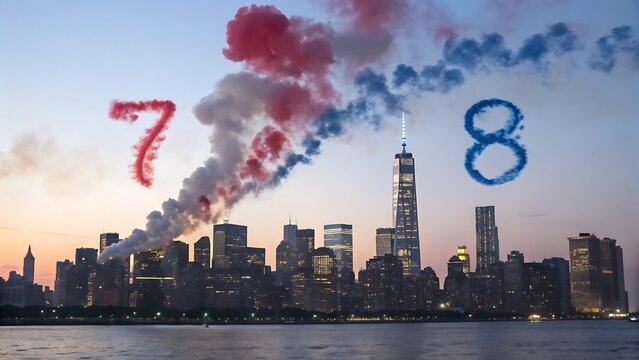 City skyline with fireworks display forming numbers seven and eight isolated on white background
