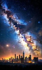 Vibrant Milky Way Galaxy Over a Modern City Skyline at Night skyscrapers urban