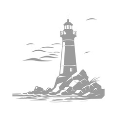 Illustraion of Lighthouse on Rocky Coastline