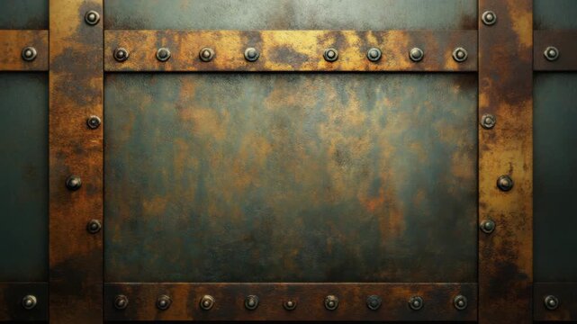Rusty metal plate with rivets and crossbar showing aged industrial texture and vintage close up design featuring weathered surface with brown and dark green tones