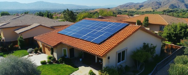 Top view of solar photovoltaic panels on a roof, highlighting the shift toward alternative energy solutions and sustainable lifestyles, Generative AI