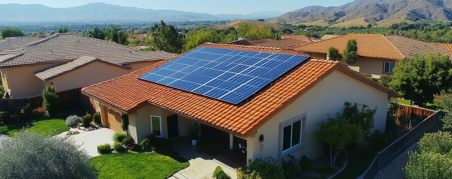 Top view of solar photovoltaic panels on a roof, highlighting the shift toward alternative energy solutions and sustainable lifestyles, Generative AI