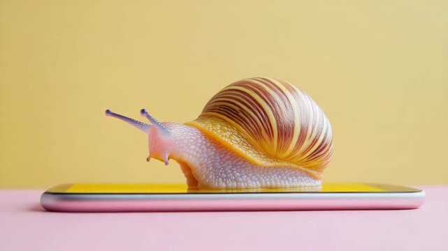 Snail with striped shell crawling on smartphone screen pastel background yellow and pink close up macro shot symbolizing slow technology internet speed soft lighting smooth natural texture