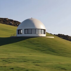 Dome home nestled on a vibrant green hill under a bright sky