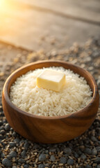 Wooden Bowl of White Rice Topped with a Cube of Butter Outdoors food grain