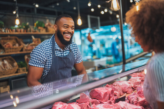 Butcher serving customer at meat counter in modern grocery store