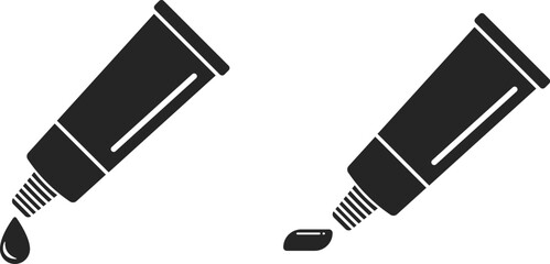 Black solid cosmetic symbol with lotion drop and gel squeeze, Cream tube icon