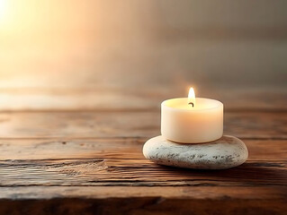 Single Burning Candle on Stone with Wooden Background