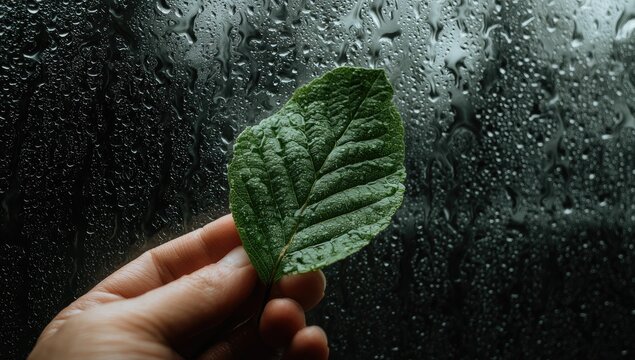A single, vibrant green leaf held in a hand, against a backdrop of a rain-streaked window - Powered by Adobe