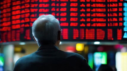 Elderly man with glasses watches digital stock market board displaying red numbers, focused on finance, investment, and financial market data in serious business environment - Powered by Adobe
