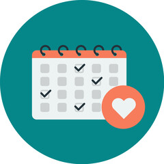 A teal-colored circle graphic featuring a calendar with checkmarks and a heart icon, signifying a favorite or important date.