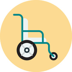 Isolated vector illustration of a wheelchair, depicted with teal frame, white seat, and black wheels, set against a light yellow circular background.