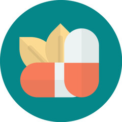 Illustration of a capsule pill with orange and white halves, accompanied by two leaves on a teal circular background.