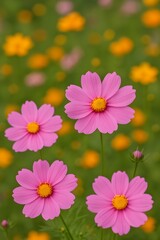 Obraz premium Vibrant Pink Cosmos Flowers in Bloom Against a Colorful Meadow