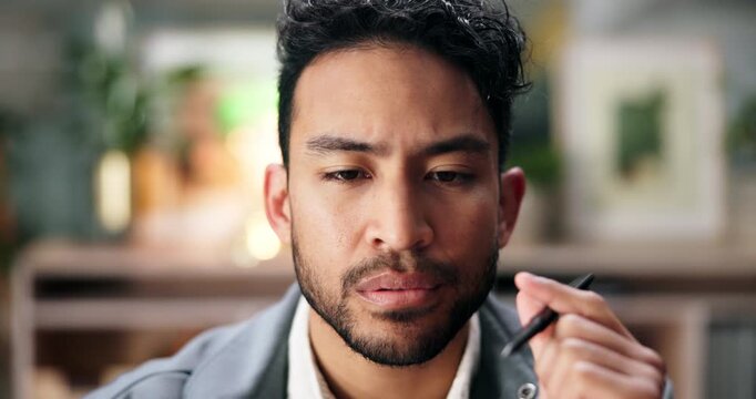 Thinking, solution or businessman in office for problem solving and investment banking task. Ideas, Asian auditor and professional banker in workplace with finance experience and financial report