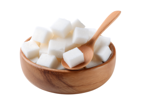 Lump sugar pile on wooden plate isolated on a transparent background
