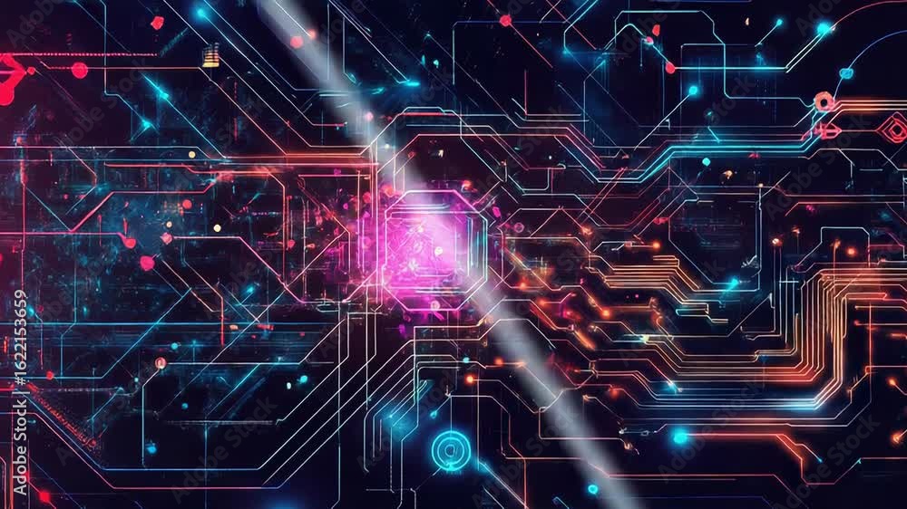 Poster complex electronic circuitry glowing with data flowing
