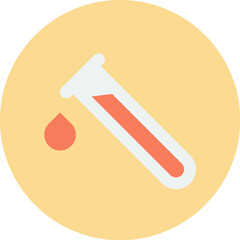Illustration of a test tube filled with red liquid and a droplet, set against a light yellow circular background.