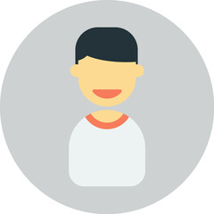Simple vector illustration of a smiling person with dark hair and a white shirt, set against a light grey circular background.