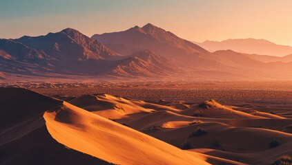 Desert sunrise over dunes and mountains.  Golden light bathes the vast landscape.  Rolling sand dunes stretch towards distant mountains.  Soft, warm colors.  Vastness