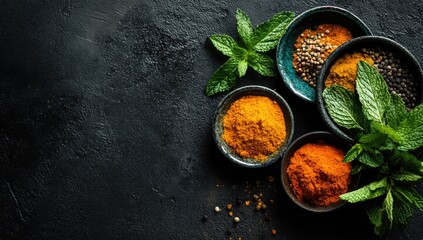 Assorted colorful spices and fresh mint leaves arranged on a dark stone surface