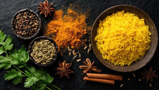 Yellow rice with spices on dark stone - Powered by Adobe