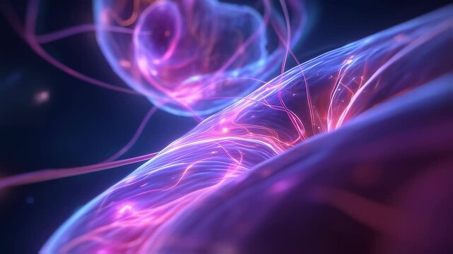 Futuristic graphic of smooth muscle beneath bladder lining with random neon pulses highlighting hyperactivity and bladder instability.