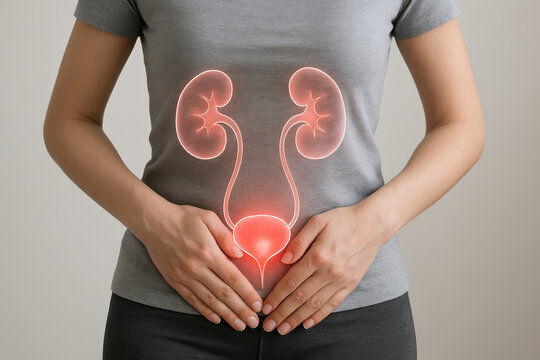 Urinary system anatomy medical scan concept with highlighted kidney and bladder showing health diagnosis and joint pain concept for medical x ray examination