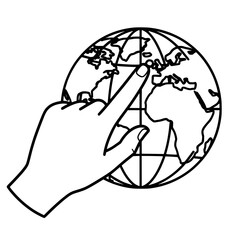 Naklejka premium Hand pointing to a globe showing the map in a world travel and geography concept
