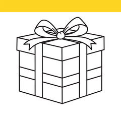 A minimalist line art illustration of a festive gift box tied with a decorative ribbon and a beautiful bow on top.