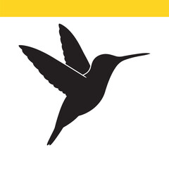 Elegant silhouette of a hummingbird in mid-flight, a minimal black graphic icon representing wildlife and nature's grace.