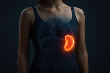 Human anatomy medical scan showing internal organs with highlighted spleen in orange glow representing joint pain concept and medical health diagnosis x ray visualization