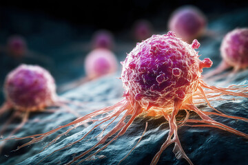 Cancer cells showing malignant cellular structure with extended projections and enlarged nucleus in microscopic environment for oncology research.