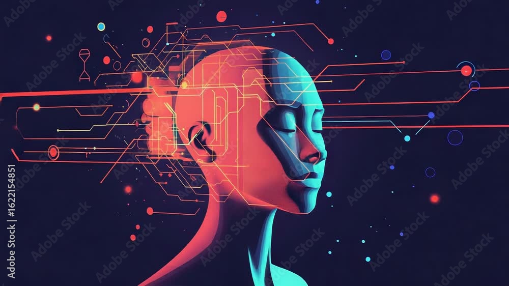 Poster artificial intelligence processing data in futuristic circuit head