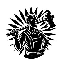 Construction Worker Silhouette Holding Sledgehammer in Striking Motion Isolated Black Vector Illustration