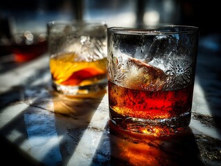 Golden hour cocktails Whiskey  aperitivo in elegant glasses with marble table, and close up.