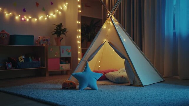Cozy children room featuring fabric teepee tent with fairy light decoration, soft cushions, star shaped pillow, and carpet creating warm inviting playroom atmosphere