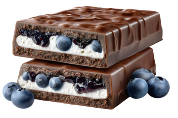 Gourmet milk chocolate bars with creamy white filling fresh blueberries and berry compote cross section isolated on white or transparent background.