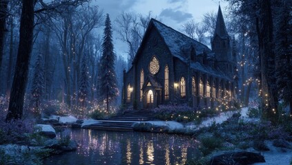 Snowy church in a mystical forest at twilight