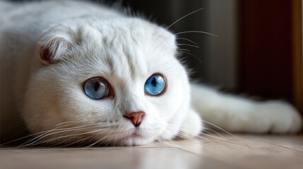 Close-up of a white cat with striking blue eyes