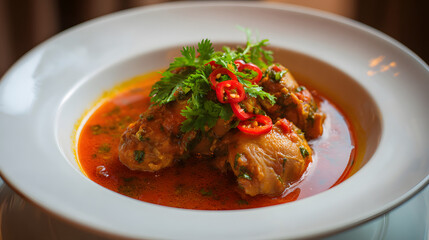 Traditional Georgian Chakhokhbili Chicken Stew Served in a White Bowl with Fresh Herbs and Spices