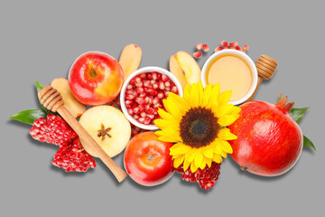 Vibrant display with fruits, honey, and sunflower